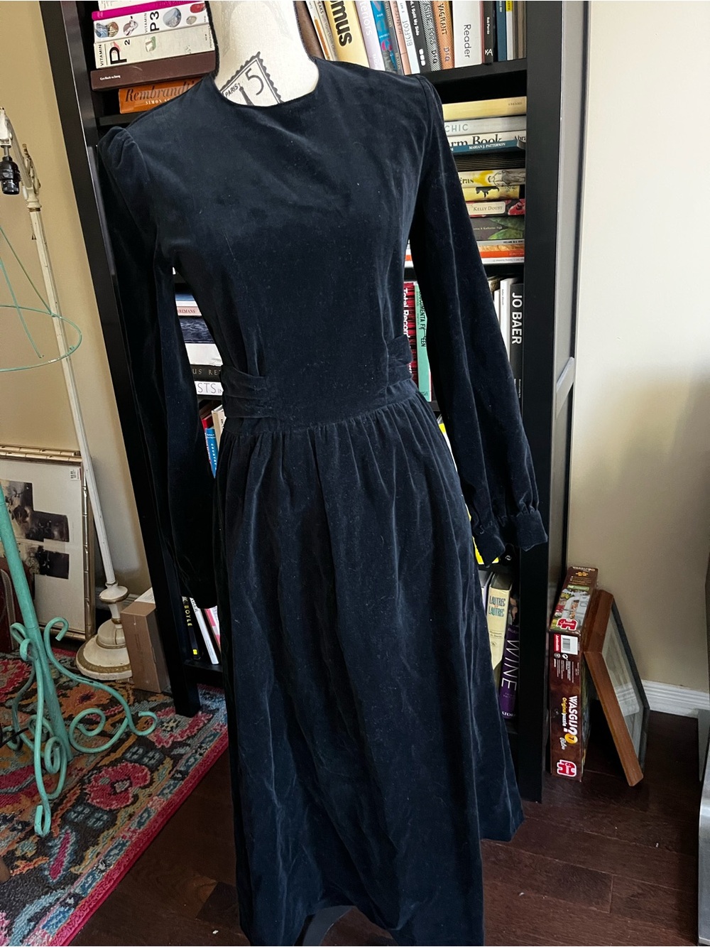 Vintage Laura Ashley Classic Black Velvet Long-Sleeve Dress made in Wales